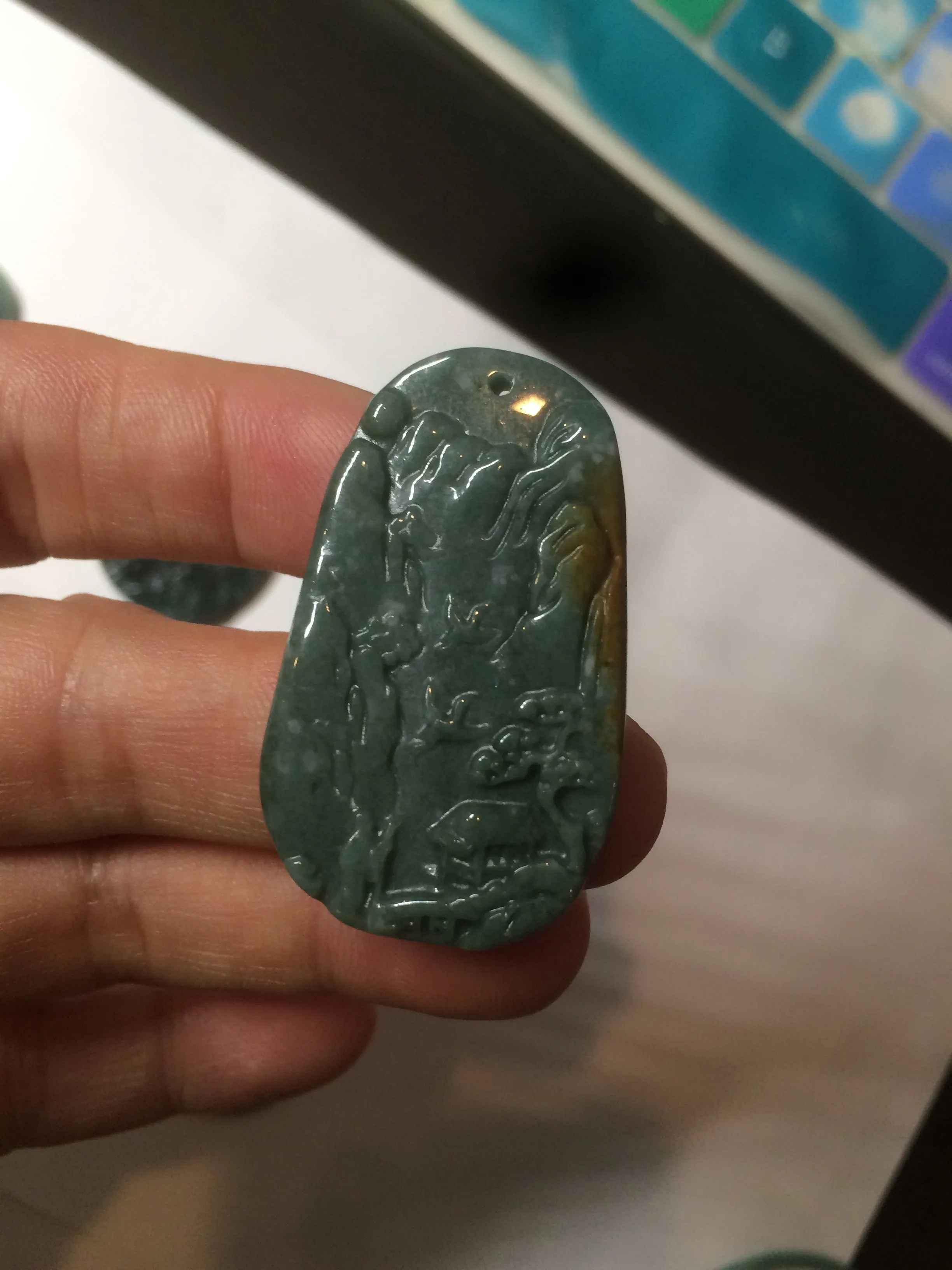 100% natural green/blue/gray/yellow Guatemala jadeite jade landscape(山水) pendant AQ74