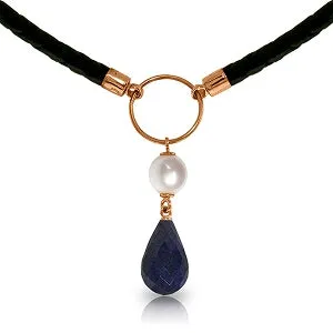 10.8 Carat 14K Solid Rose Gold Leather Necklace Pearl Sapphire