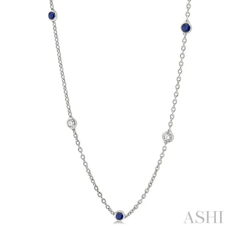 1/2 ctw Round Cut Diamond and 2.85MM Sapphire Precious Station Necklace in 14K White Gold