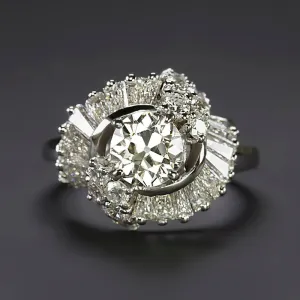 1.21ct OLD EUROPEAN CUT DIAMOND VINTAGE COCKTAIL RING 14k WHITE GOLD RETRO HALO