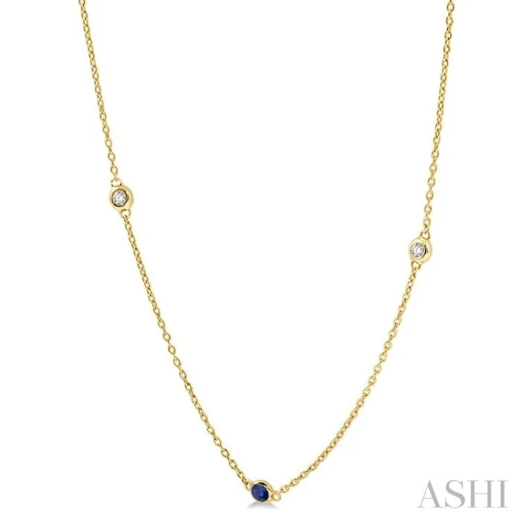 1/4 ctw Round Cut Diamond and 2.25MM Sapphire Precious Station Necklace in 14K Yellow Gold