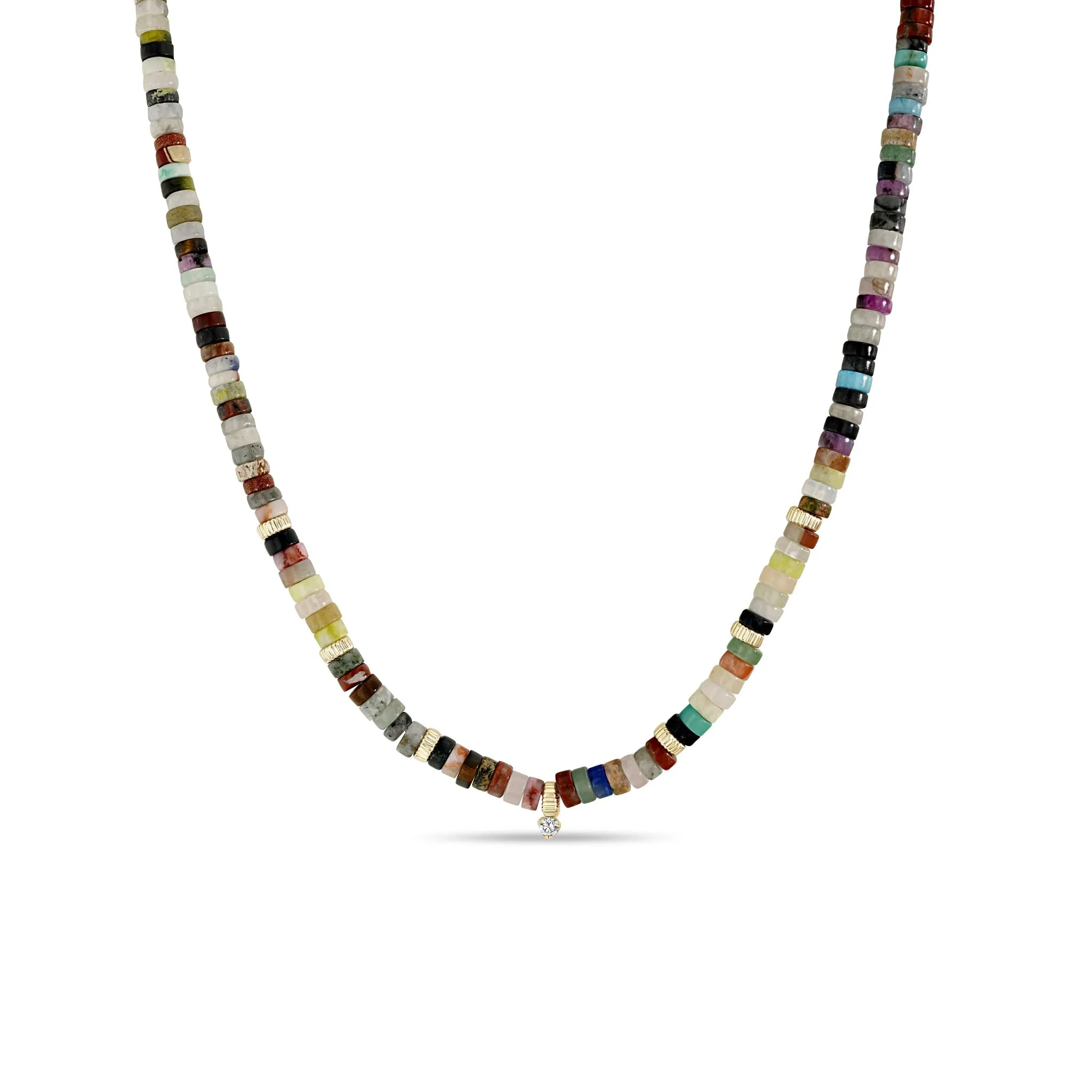 14k Gold & Mixed Gemstone Heishi Bead Necklace with Prong Diamond