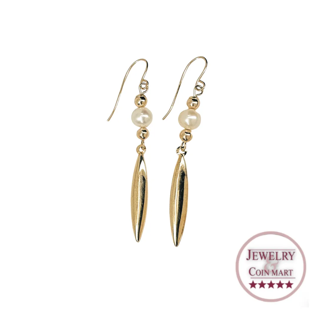 14K Gold Bud Pearl Dangle Ear Wire Earrings