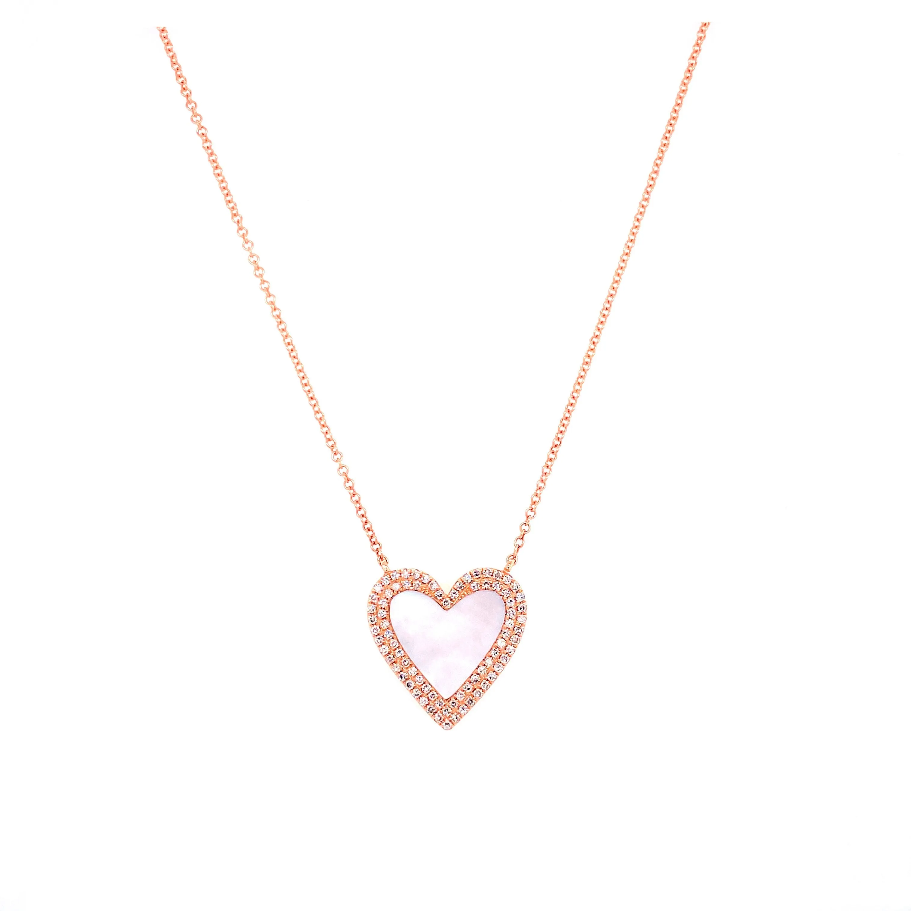 14K Rose Gold Diamond   Mother of Pearl Heart Necklace