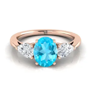 14K Rose Gold Oval Swiss Blue Topaz Perfectly Matched Pear Shaped Three Diamond Engagement Ring -7/8ctw