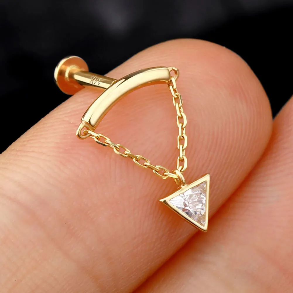 14K Solid Gold Triangle CZ Dangle Internally Threaded Helix Earring