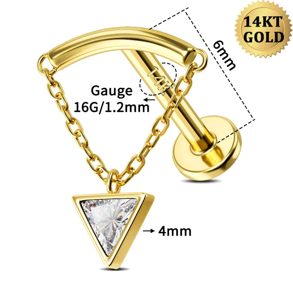 14K Solid Gold Triangle CZ Dangle Internally Threaded Helix Earring