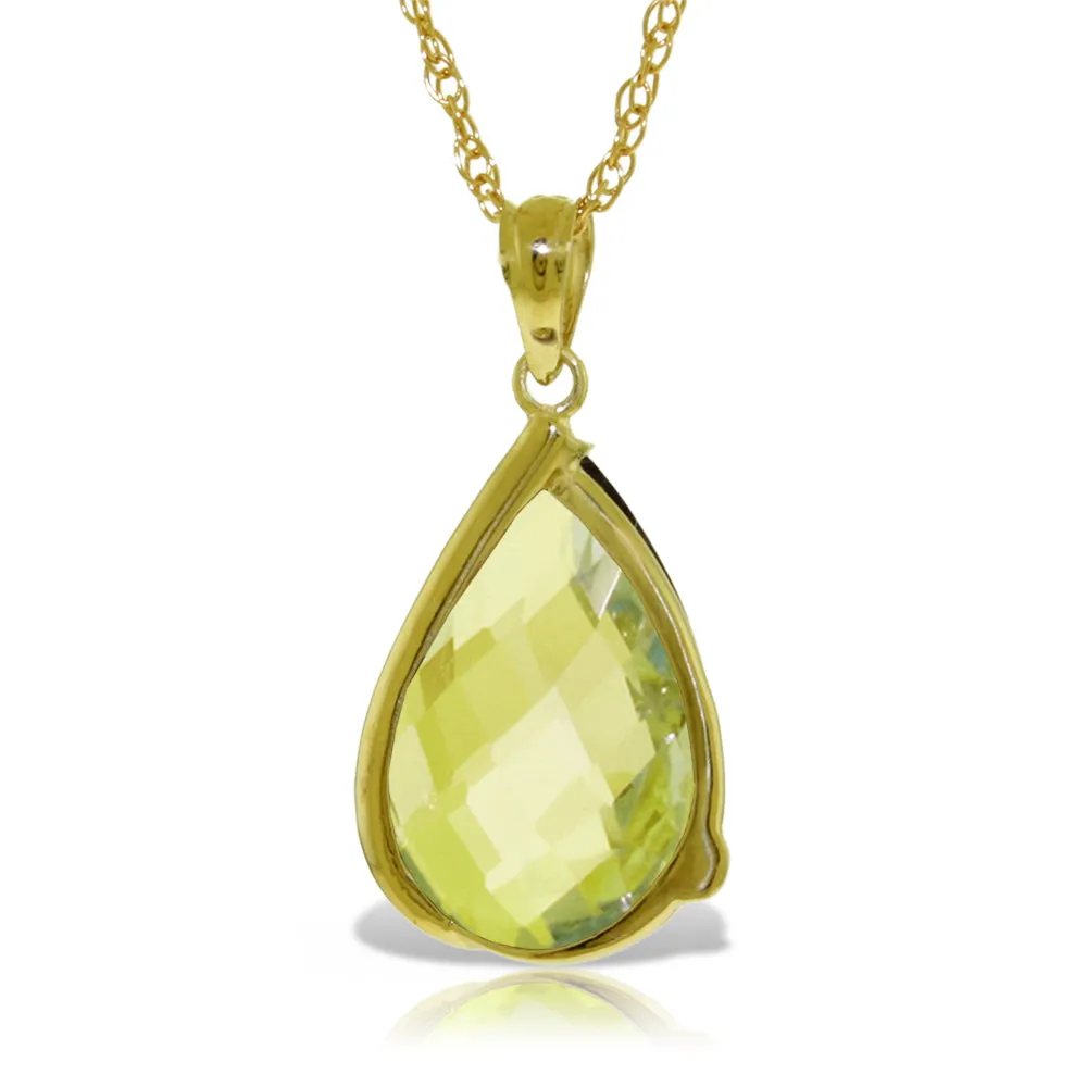 14K Solid Yellow Gold Necklace w/ Briolette Checkerboard Cut Lemon Quartz & Diamond