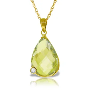 14K Solid Yellow Gold Necklace w/ Briolette Checkerboard Cut Lemon Quartz & Diamond