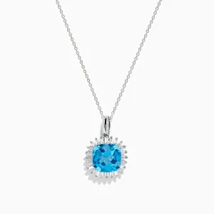 14K White Gold Blue Topaz and Diamond Pendant