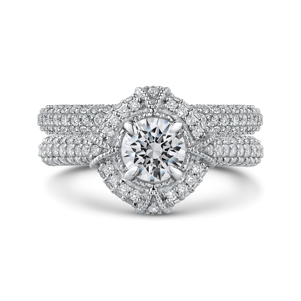 14K White Gold Round Diamond Cathedral Style Halo Engagement Ring