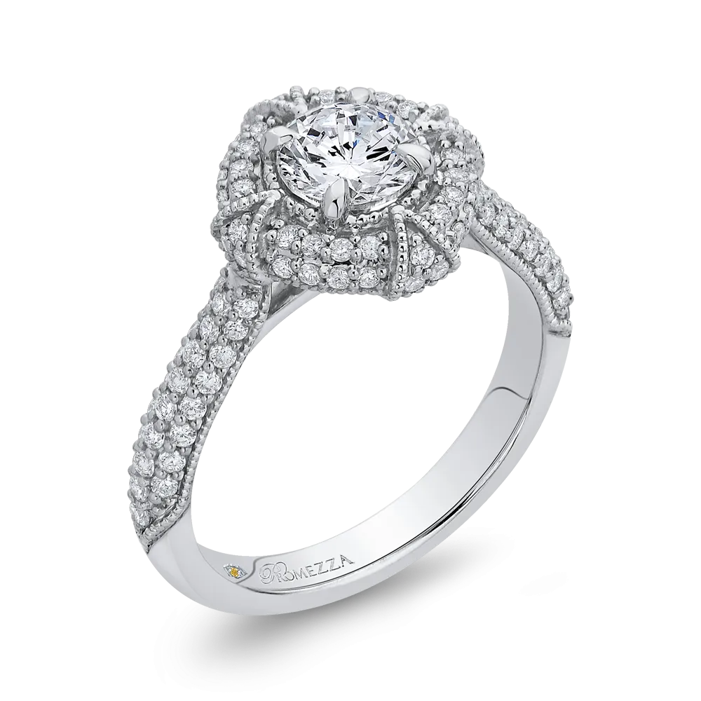 14K White Gold Round Diamond Cathedral Style Halo Engagement Ring