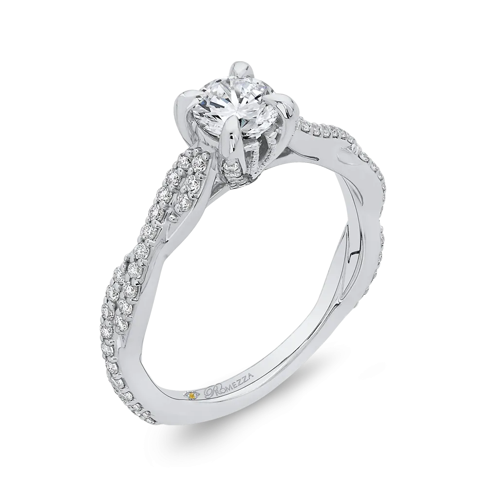 14K White Gold Round Diamond Engagement Ring with Crossover Shank