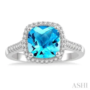 1/5 Ctw Cushion Shape Mount Round Cut Diamond Semi-Precious Ring With 8x8MM Cushion Cut Blue Topaz Center Stone in 10K White Gold