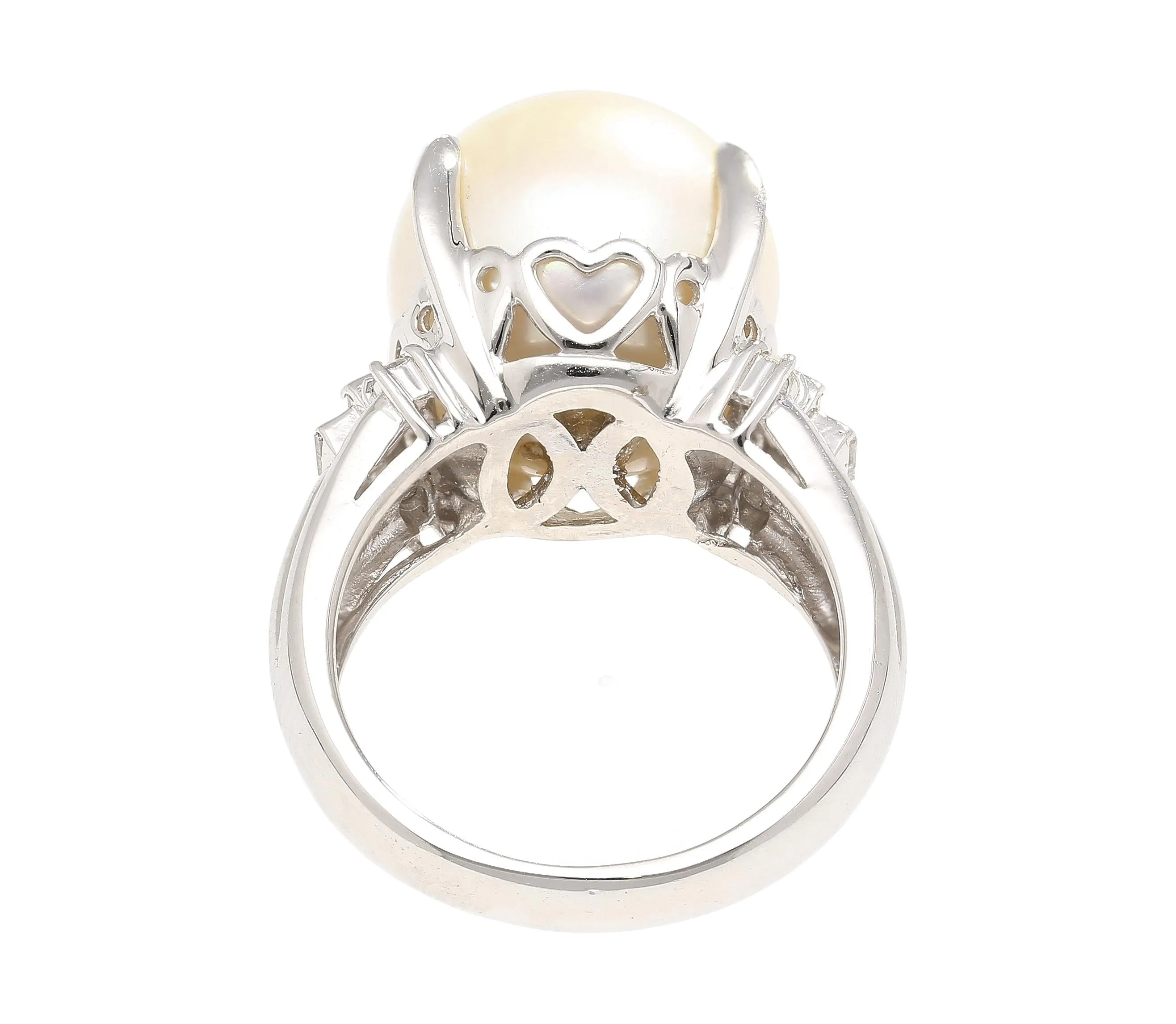 15mm South Sea Pearl and Diamond Platinum Cocktail Ring with Heart Shape Design