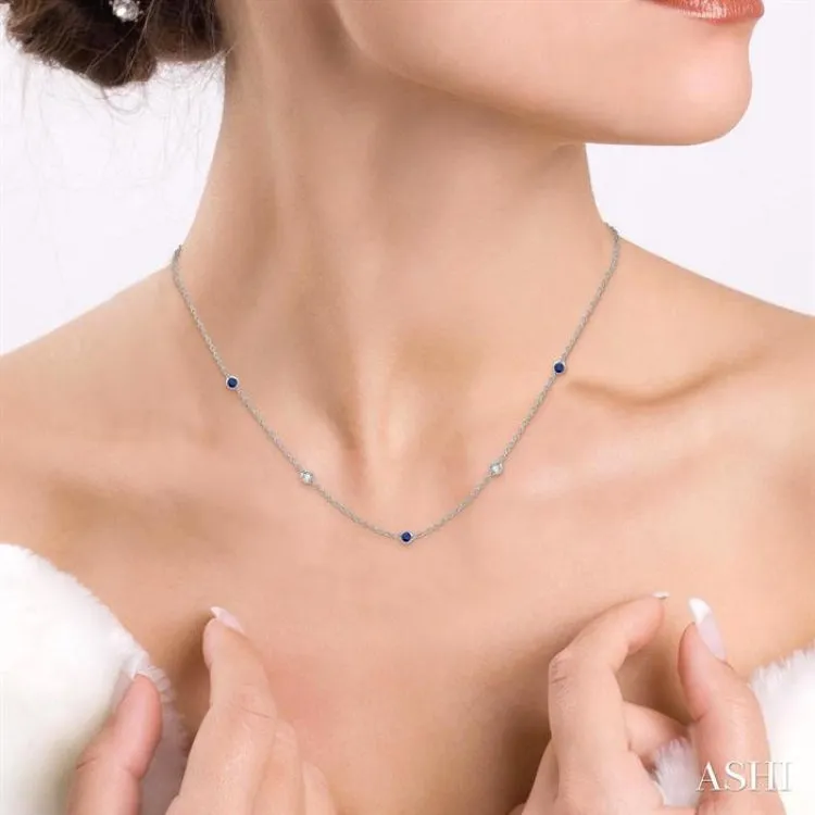 1/6 ctw Round Cut Diamond and 1.75MM Sapphire Precious Station Necklace in 14K White Gold