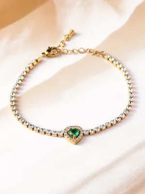 18K Gold-Plated Stainless Steel Tarnish-Free Waterproof Emerald & CZ Heart Bracelet