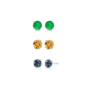 18k White Gold Plated 1Ct Created Emerald, Citrine and Alexandrite 3 Pair Round Stud Earrings