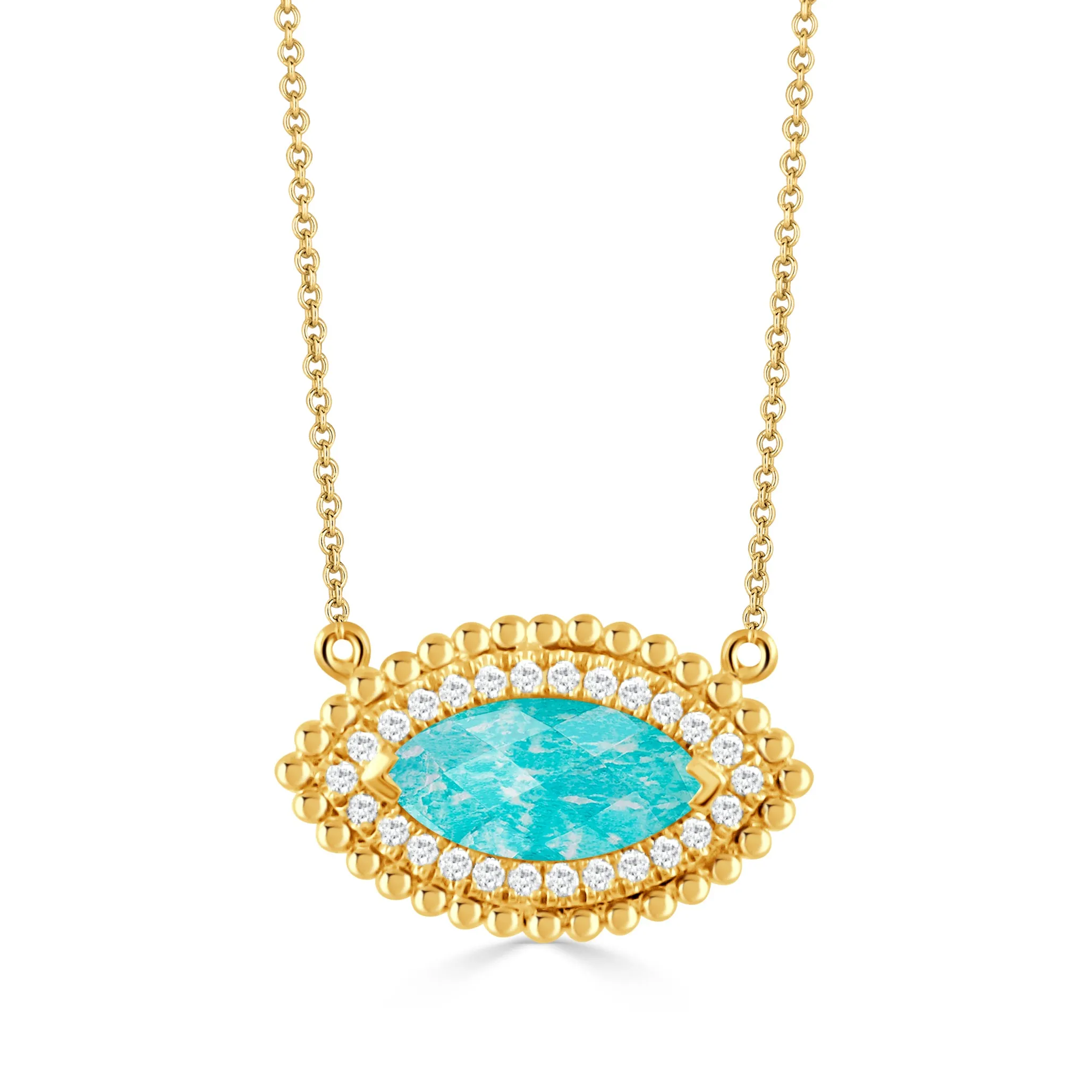 18K YELLOW GOLD DIAMOND NECKLACE WITH CLEAR QUARTZ OVER AMAZONITE