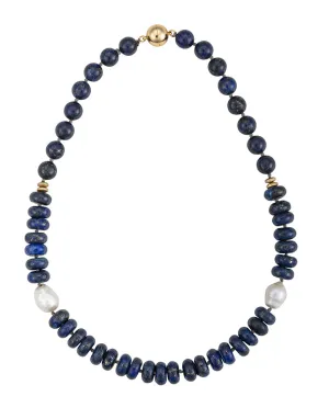 19" Lapis, Gold Hematite and Freshwater Edison Pearl Necklace