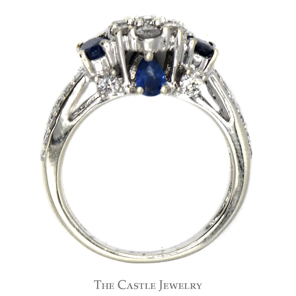 1cttw Diamond Flower Cluster Engagement Ring with Sapphire & Diamond Accents in 10k White Gold