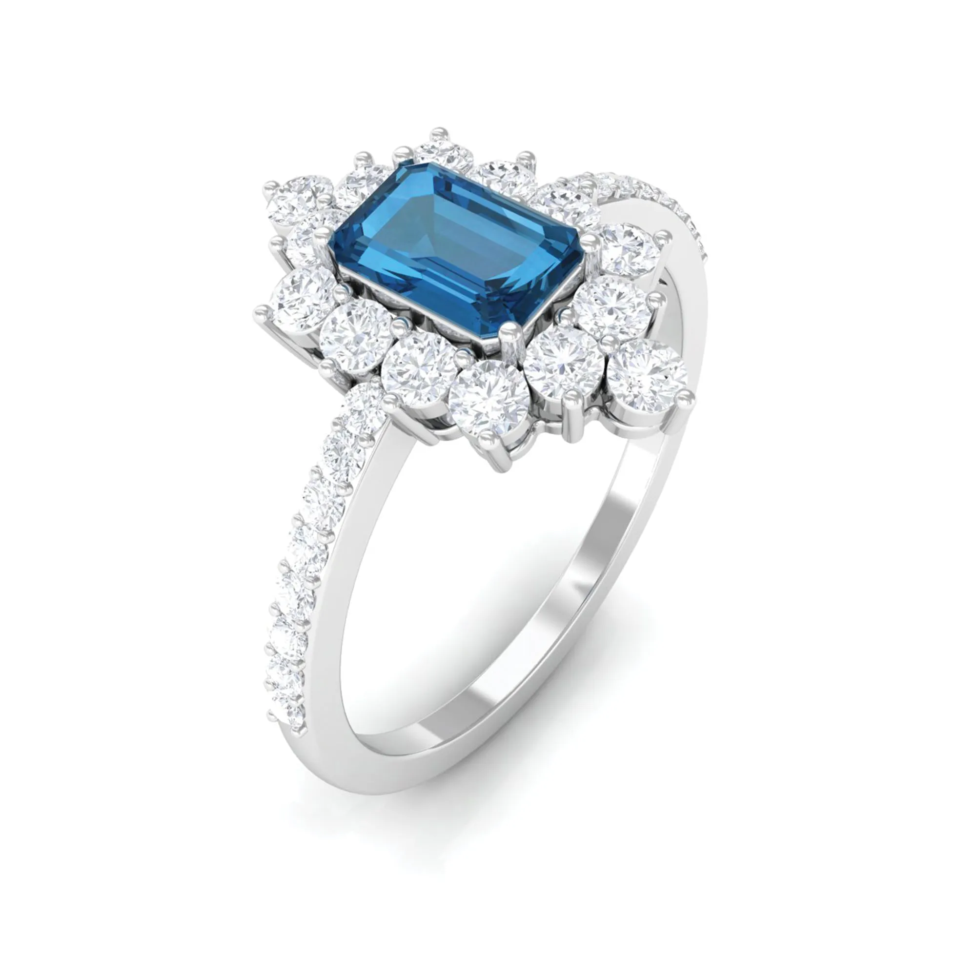 2 CT Vintage London Blue Topaz Ring with Diamond Halo