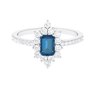 2 CT Vintage London Blue Topaz Ring with Diamond Halo