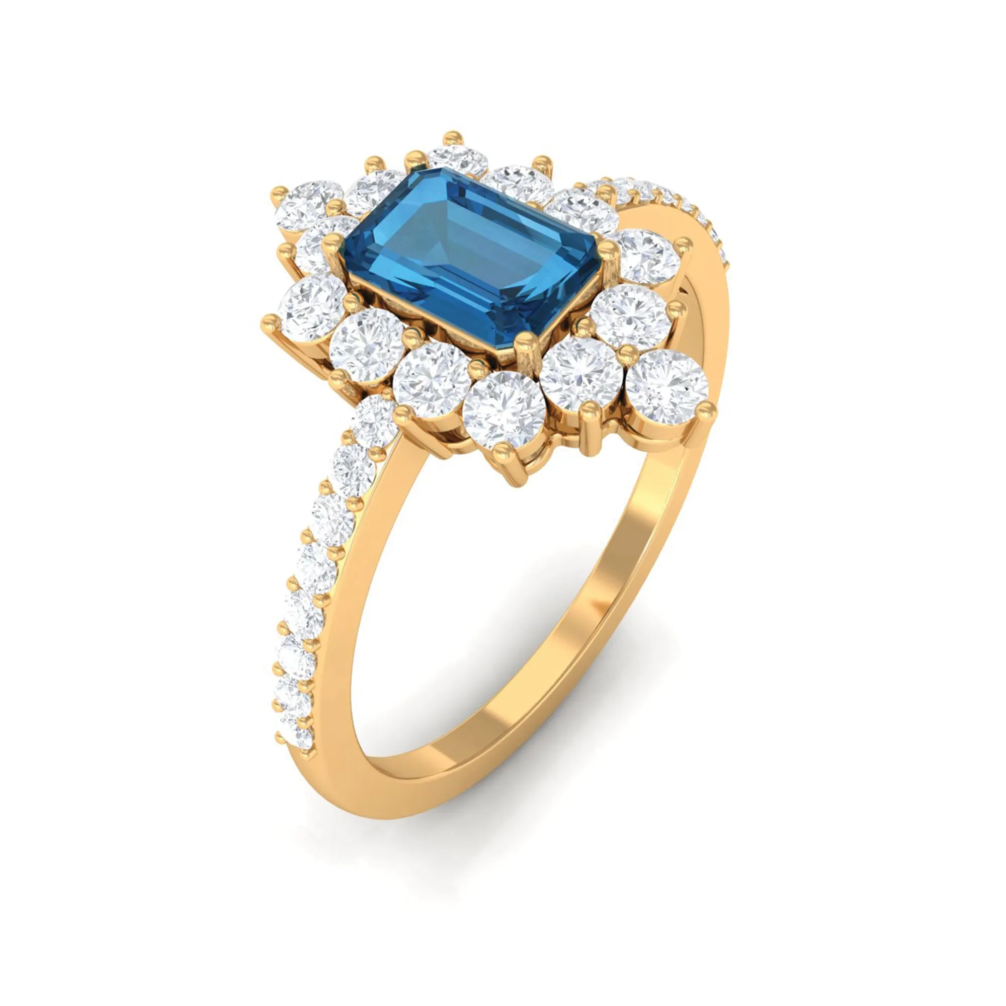 2 CT Vintage London Blue Topaz Ring with Diamond Halo