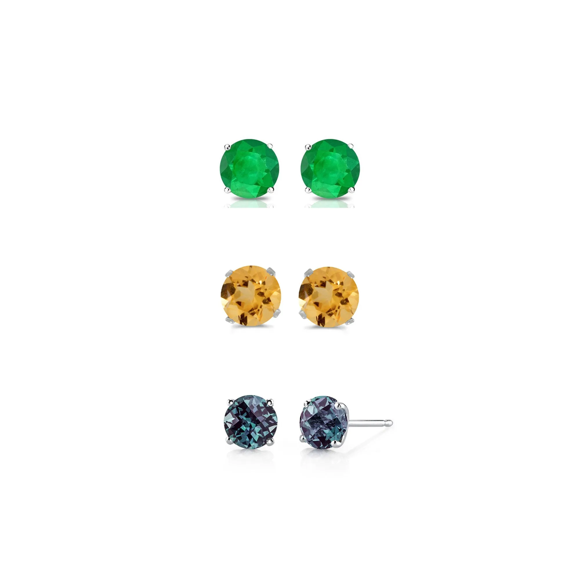 24k White Gold Plated 2Ct Created Emerald, Citrine and Alexandrite 3 Pair Round Stud Earrings