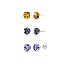 24k White Gold Plated 3Ct Created Citrine, Alexandrite and Tanzanite 3 Pair Round Stud Earrings