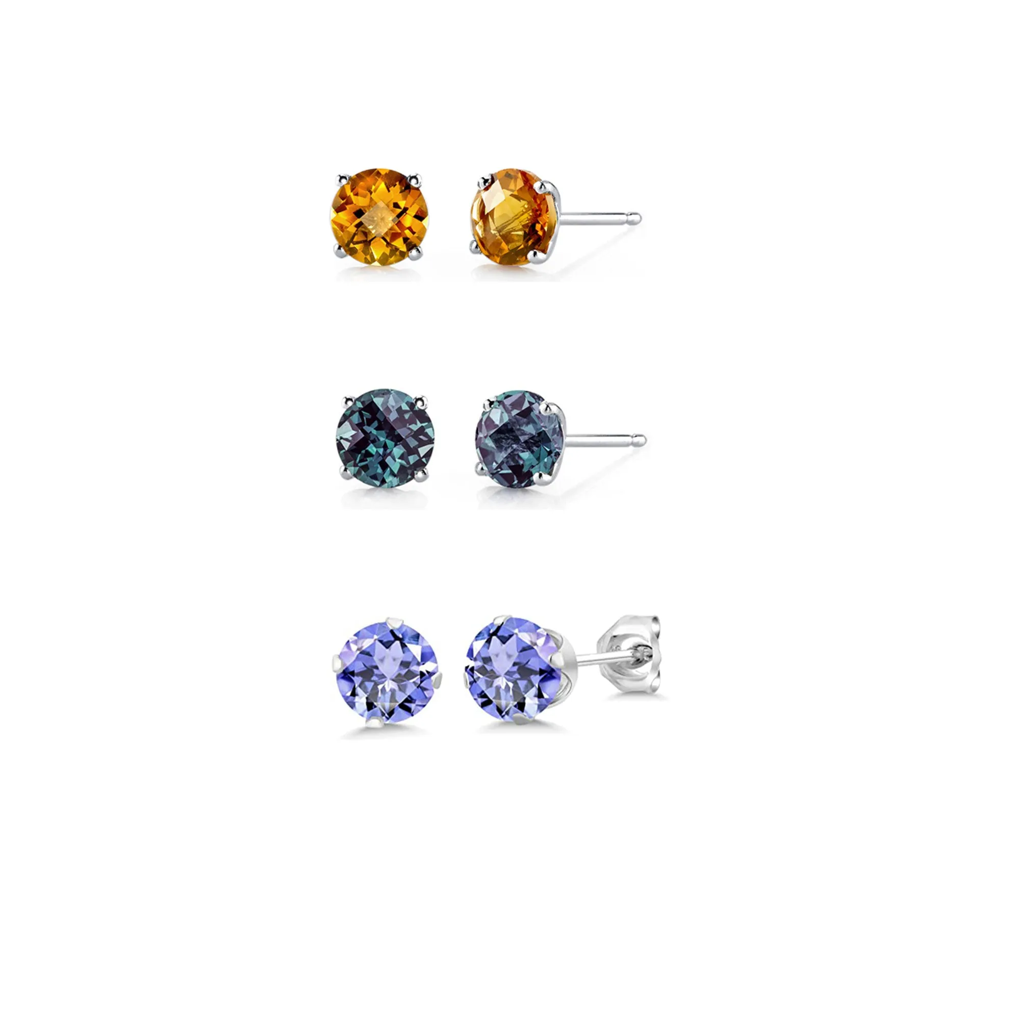 24k White Gold Plated 3Ct Created Citrine, Alexandrite and Tanzanite 3 Pair Round Stud Earrings