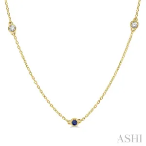 3/8 ctw Round Cut Diamond and 2.6MM Sapphire Precious Station Necklace in 14K Yellow Gold