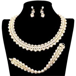 3pcs Pearl Crystal Rhinestone Necklace Jewelry Set