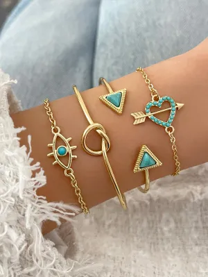 4pcs/set Rhinestone Heart & Triangle Turquoise Decor Bracelet