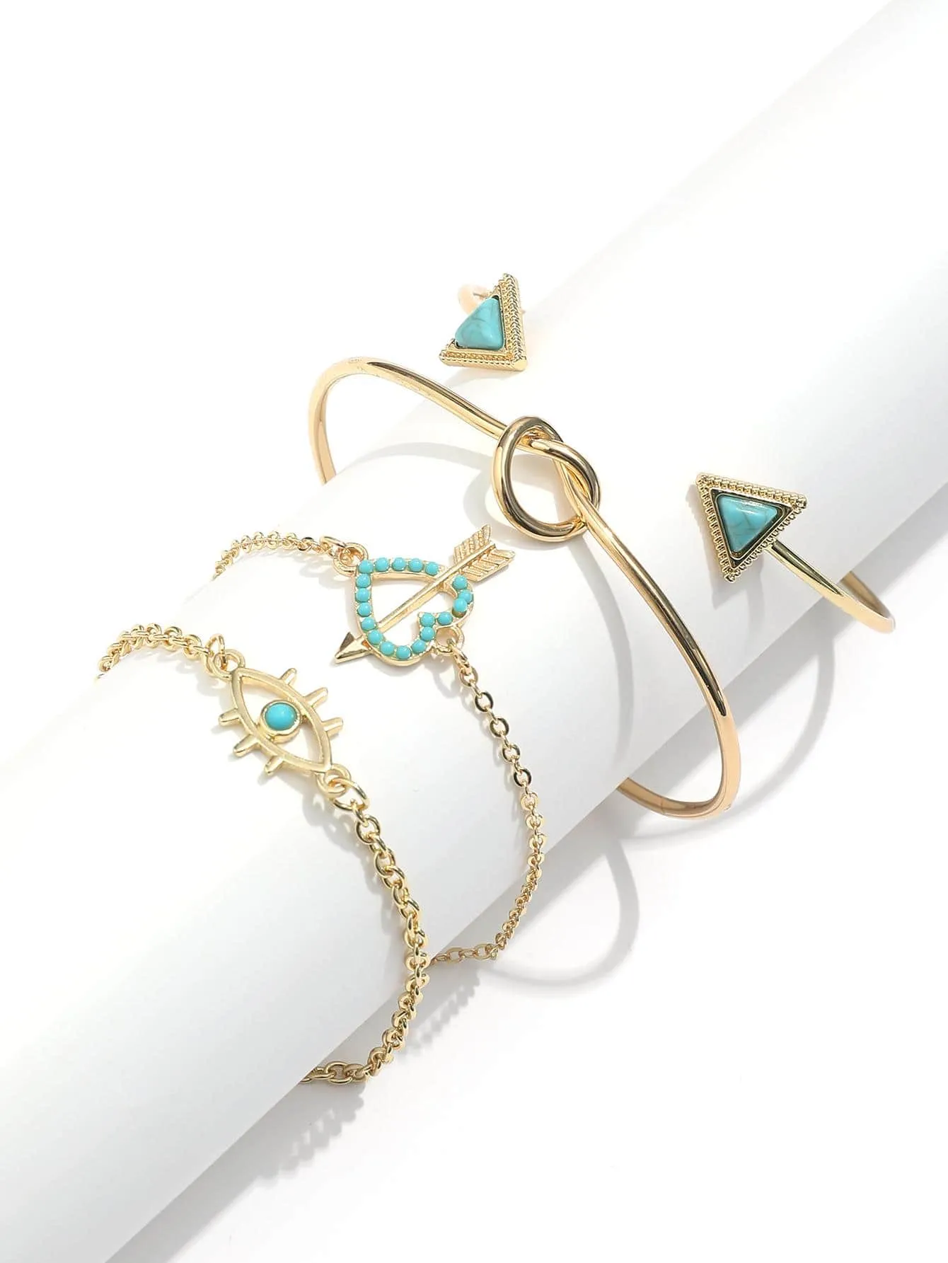 4pcs/set Rhinestone Heart & Triangle Turquoise Decor Bracelet