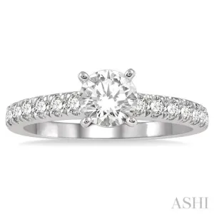 5/8 Ctw Round Cut Diamond Ladies Engagement Ring with 1/3 Ct Round Cut Center Stone in 14K White Gold