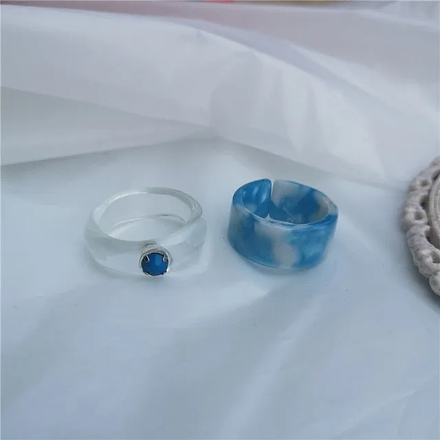 5pcs/1SET Korea 2021 Chic Colorful Transparent Resin Acrylic Rings Hot Morandi Color Women Party aesthetic Jewelry Ring Set