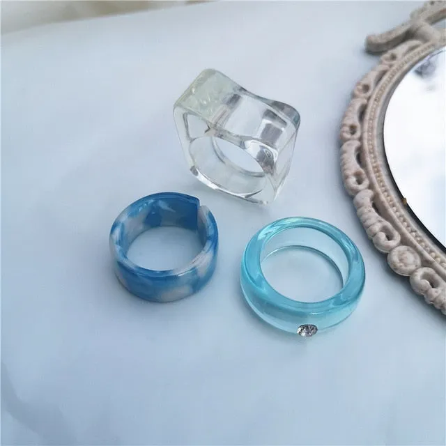 5pcs/1SET Korea 2021 Chic Colorful Transparent Resin Acrylic Rings Hot Morandi Color Women Party aesthetic Jewelry Ring Set