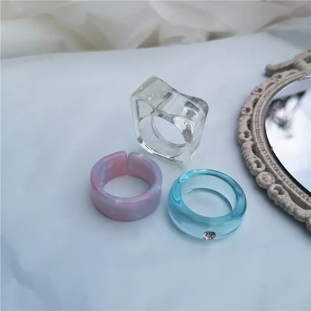 5pcs/1SET Korea 2021 Chic Colorful Transparent Resin Acrylic Rings Hot Morandi Color Women Party aesthetic Jewelry Ring Set