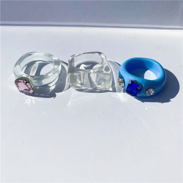 5pcs/1SET Korea 2021 Chic Colorful Transparent Resin Acrylic Rings Hot Morandi Color Women Party aesthetic Jewelry Ring Set