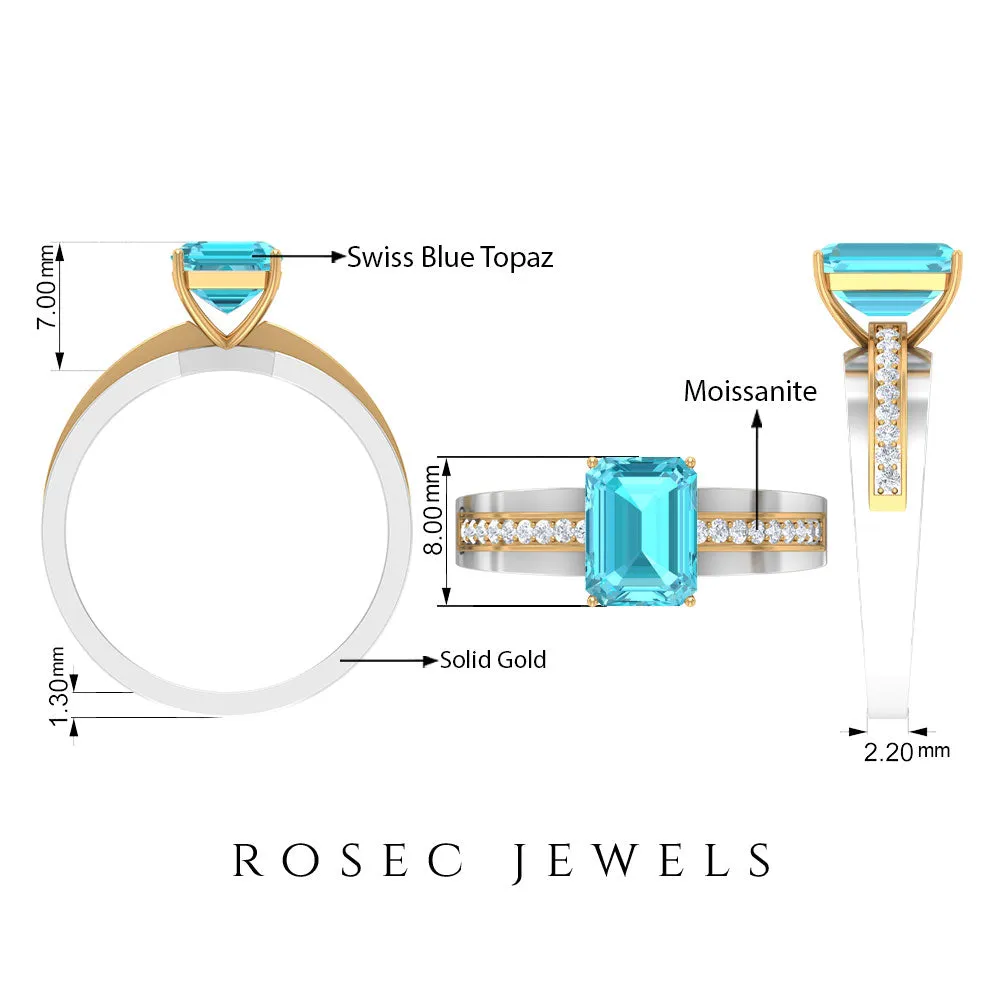 6X8 MM Emerald Cut Swiss Blue Topaz Solitaire with Diamond Two Tone Ring