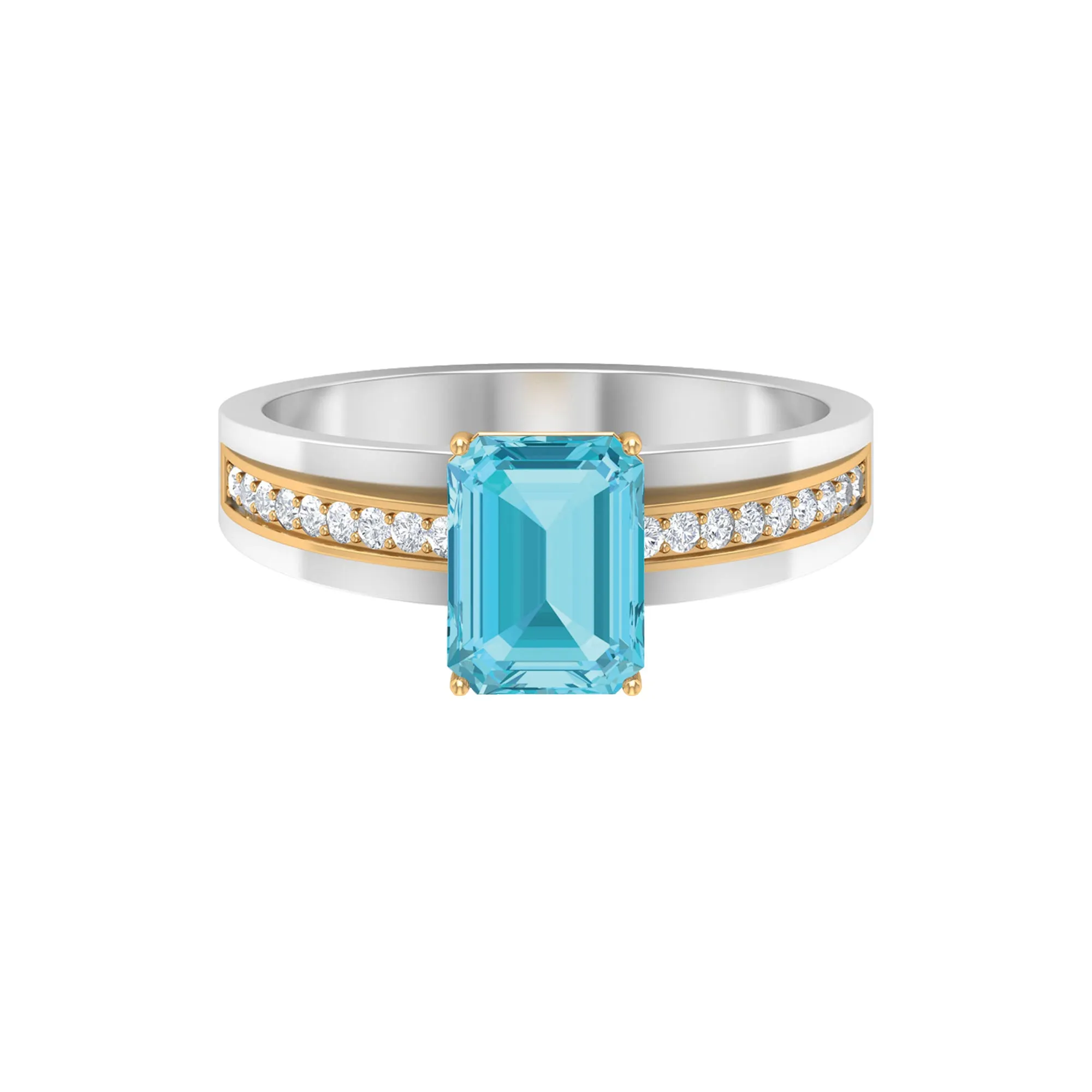 6X8 MM Emerald Cut Swiss Blue Topaz Solitaire with Diamond Two Tone Ring