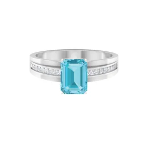 6X8 MM Emerald Cut Swiss Blue Topaz Solitaire with Diamond Two Tone Ring