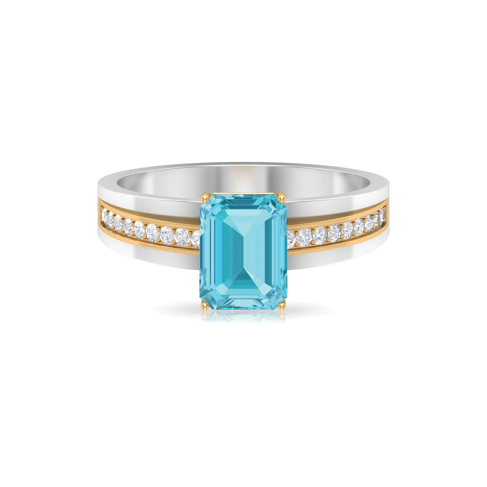 6X8 MM Emerald Cut Swiss Blue Topaz Solitaire with Diamond Two Tone Ring