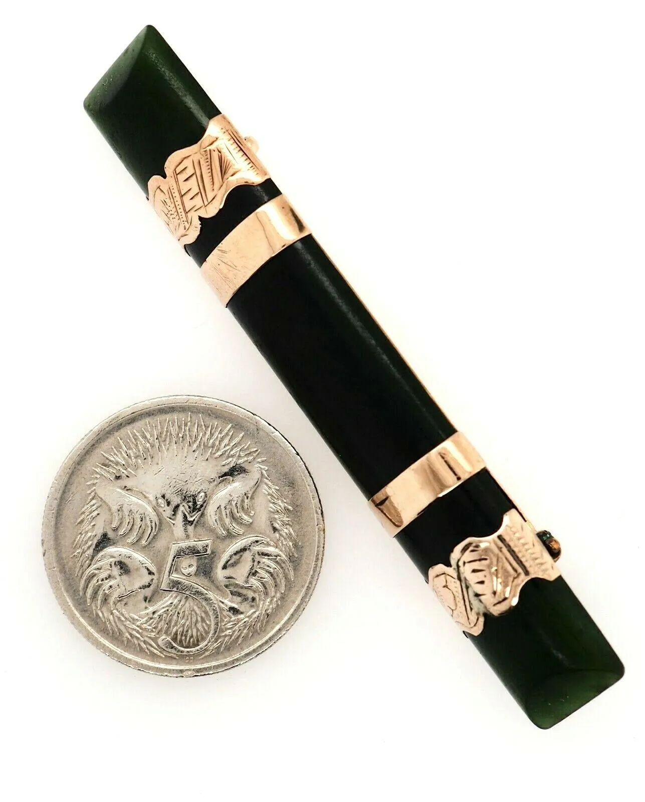 9ct Yellow Gold Hand Engraved Jade Bar Brooch