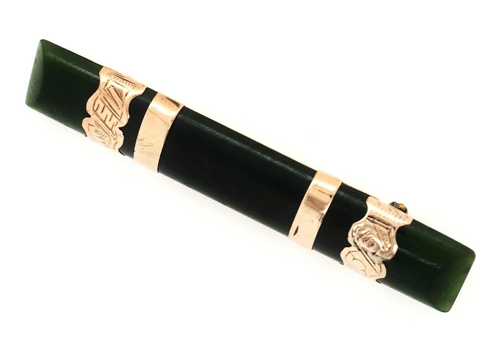 9ct Yellow Gold Hand Engraved Jade Bar Brooch