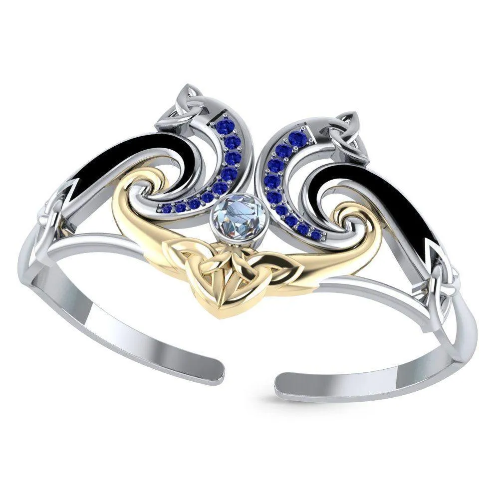 A showcase of Celtic elegance ~ Sterling Silver Celtic Triquetra Bangle with Gold Accent and Gemstone MBA049