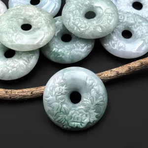 AAA Hand Carved Natural Burma Green Jade Donut Pendant Gemstone Focal Bead 38mm