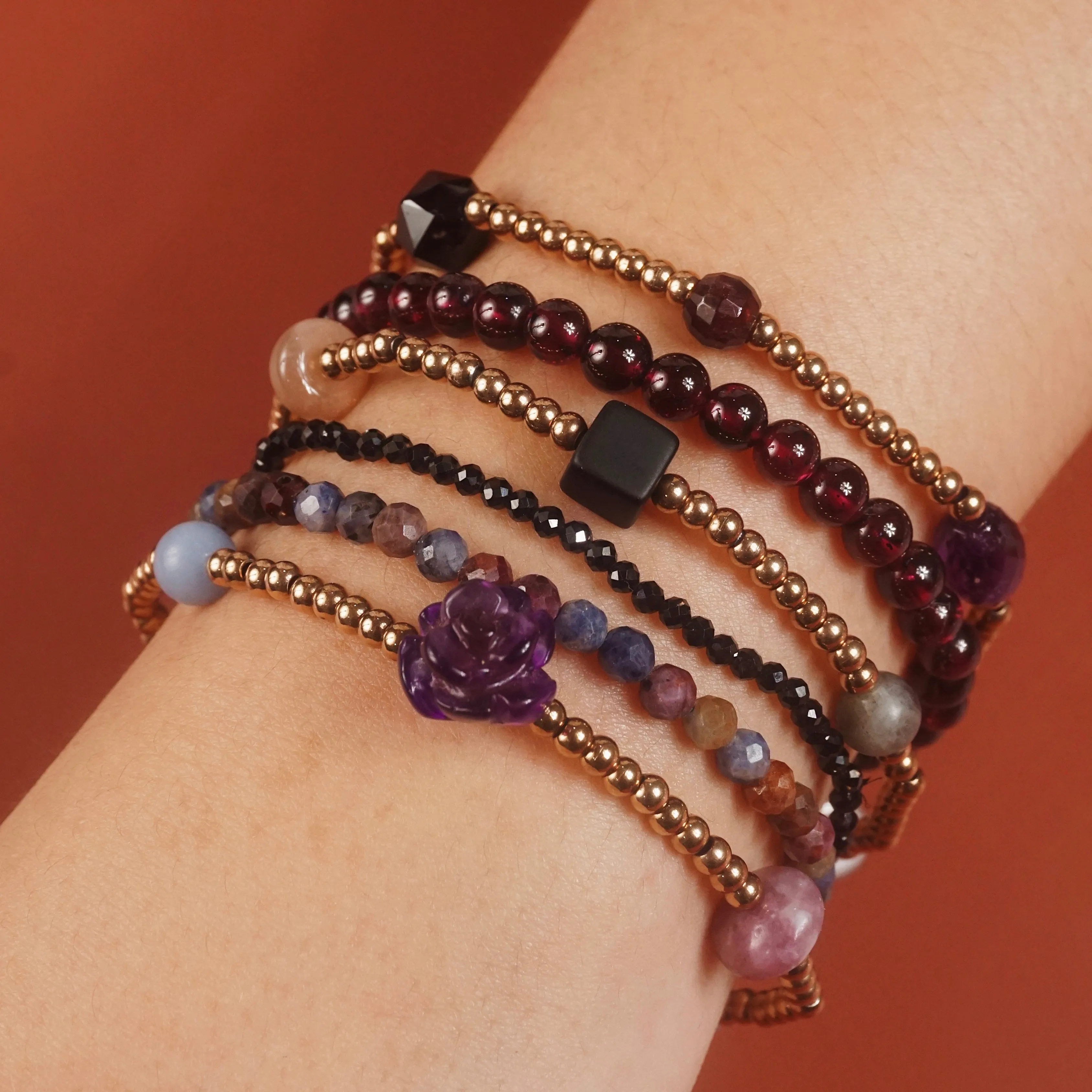 Amethyst, Almandine Garnet, and Black Spinel