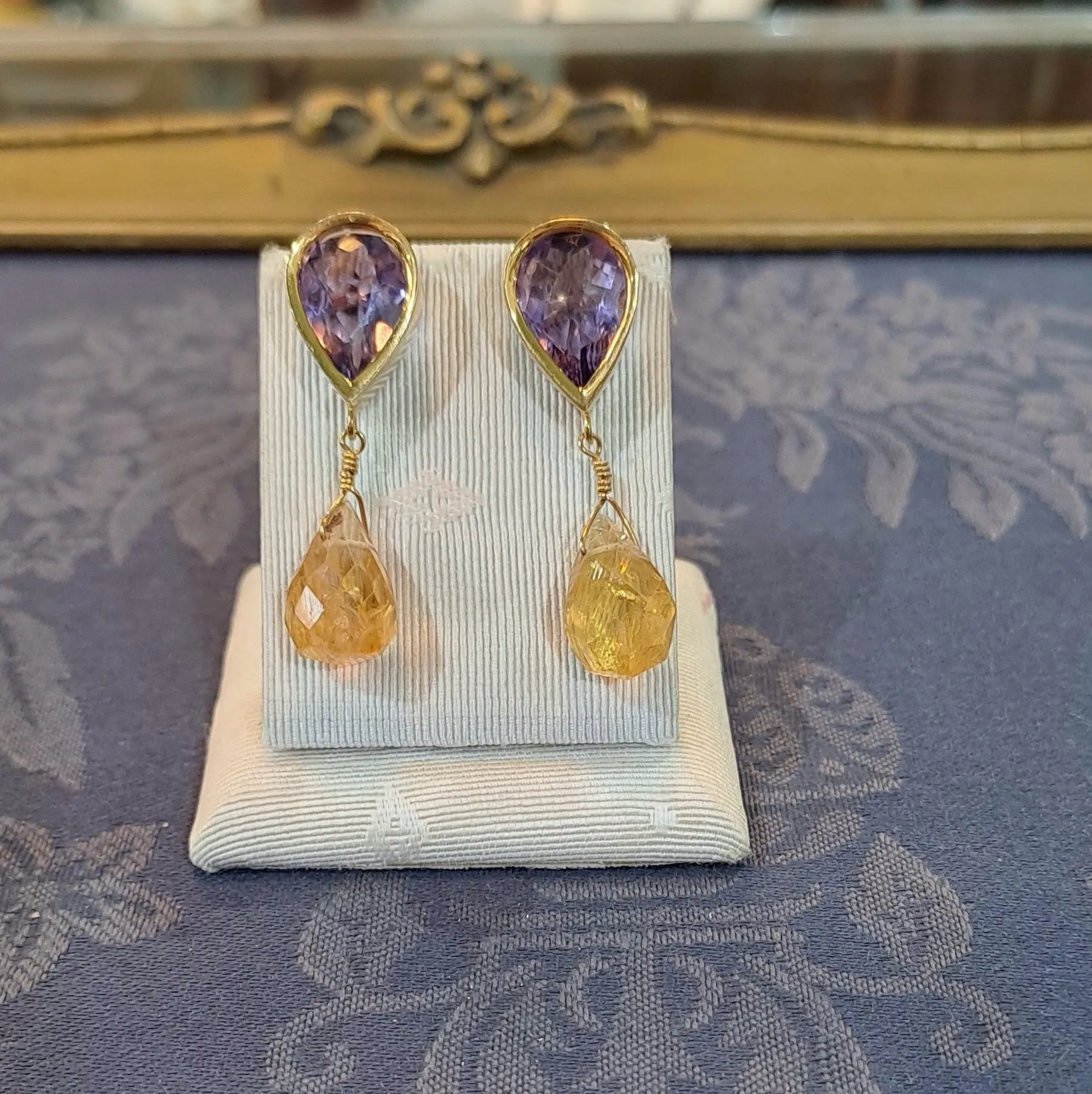 Amethyst & Citrine 18k gold earrings, one of a kind, Fine earrings, Handmade earrings, Greek Jewelry